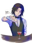  1boy alternate_costume bartender black_eyes black_vest cocktail_shaker cup drinking_glass expressionless feitan_portor highres hunter_x_hunter long_sleeves male_focus obentowasureta pouring raised_eyebrows shirt short_hair solo upper_body vest white_background wine_glass 