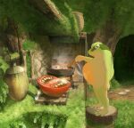  animal basket cooking cutting_board fantasy fire frog full_body hachiya_shohei highres holding_utensil kitchen moss no_humans original scenery standing tomato tree 