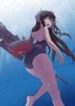  1girl ass blue_one-piece_swimsuit brown_hair grey_eyes headgear hi-ro_(rimlnet) highres i-400_(kancolle) kantai_collection long_hair looking_at_viewer one-piece_swimsuit one-piece_tan open_mouth propeller rigging school_swimsuit solo swimsuit tan tanlines underwater 