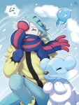  1boy blue_footwear blue_mittens boots closed_eyes cold commentary_request cubchoo day eyelashes green_hair green_pants grusha_(pokemon) highres jacket male_focus min_(myna8247) outdoors outline pants pokemon pokemon_(creature) pokemon_(game) pokemon_sv scarf scarf_over_mouth signature snowing swablu trembling wind yellow_jacket 