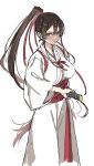  1girl asahina_hikage breasts brown_hair hair_ribbon highres holding holding_sword holding_weapon jigokuraku katana large_breasts long_hair looking_at_viewer ponytail ribbon robe simple_background solo sword weapon white_background white_robe yamada_asaemon_sagiri 