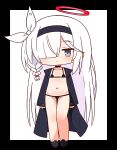  1girl bikini black_background black_bikini black_choker black_footwear black_hairband black_jacket blue_archive blush braid chibi choker closed_mouth collarbone full_body grey_eyes groin hair_over_one_eye hair_ribbon hairband halo hana_kazari highres jacket long_hair long_sleeves looking_at_viewer micro_bikini navel open_clothes open_jacket plana_(blue_archive) ribbon shoes single_braid sleeves_past_wrists smile solo standing swimsuit two-tone_background very_long_hair white_background white_hair white_ribbon 