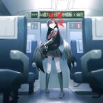  1girl absurdres black_choker black_hair black_wings blue_archive choker closed_eyes feathered_wings halo highres ichika_(blue_archive) long_hair low_wings mojibake_text red_halo solo train_interior wings yoshiki_(dimentiondimention) 