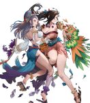  2girls bare_shoulders breasts brown_hair detached_sleeves ekao feathers fire_emblem fire_emblem_fates fire_emblem_heroes geta highres holding jewelry kagero_(fire_emblem) large_breasts long_hair midriff multiple_girls navel necklace non-web_source official_art orochi_(fire_emblem) purple_eyes purple_hair red_eyes sandals side_slit skirt stomach toeless_footwear transparent_background wide_sleeves 