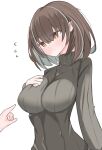  1girl 1other absurdres arknights black_sweater blush breasts brown_eyes brown_hair colored_inner_hair commentary_request grey_hair highres large_breasts long_sleeves magallan_(arknights) multicolored_hair nui_(nuinui0300) short_hair simple_background solo_focus sweater turtleneck turtleneck_sweater two-tone_hair white_background 