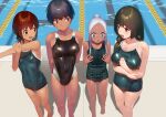 4girls barefoot black_eyes black_hair blue_one-piece_swimsuit breasts brown_eyes brown_hair commentary_request competition_swimsuit dark-skinned_female dark_skin feet_out_of_frame green_eyes hair_over_shoulder long_hair medium_breasts multiple_girls old_school_swimsuit one-piece_swimsuit original pool poolside red_eyes school_swimsuit shiden_(sashimi_no_wife) short_hair small_breasts stretching swimsuit tan tanlines water wet wet_clothes wet_swimsuit white_hair 