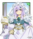  amulet cup fire_emblem fire_emblem:_genealogy_of_the_holy_war holding holding_cup julia_(fire_emblem) long_hair maid maid_headdress official_alternate_costume purple_eyes purple_hair smile teacup very_long_hair yukia_(firstaid0) 