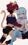  +_+ 2girls aeiou_(yoako) after_kiss animal_ear_fluff animal_ears animal_feet animal_nose barefoot bell black-framed_eyewear black_choker black_collar black_hair black_jacket black_shorts black_skirt blue_eyes blue_hair blue_thighhighs body_fur cat_ears cat_girl cat_tail choker clothes_lift collar commentary ear_piercing earclip english_commentary english_text fishnets furry furry_female furry_with_non-furry glasses grabbing grabbing_another&#039;s_breast hair_between_eyes hair_ornament highres interspecies jacket jingle_bell kneeling leg_warmers lifted_by_another light_blue_hair long_hair long_sleeves looking_at_viewer miniskirt multicolored_hair multiple_girls neck_bell no_shoes off_shoulder open_clothes open_jacket open_mouth original pawpads piercing red_hair saliva saliva_trail sharp_teeth shirt shirt_lift short_hair short_shorts short_sleeves shorts simple_background sitting skirt t-shirt tail teeth thighhighs tongue tongue_out tongue_piercing two-tone_hair upper_teeth_only watermark white_shirt x_hair_ornament yoako yuri 