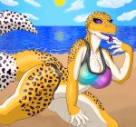  absurd_res anthro beach big_breasts blue_dingolf breasts claws clothing eublepharid eyelashes female gecko hi_res leopard_gecko lizard looking_at_viewer purple_eyes purple_tongue reptile sand scalie sea seaside sharp_teeth solo swimwear tail teeth thick_tail tongue water yellow_body 