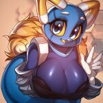  anthro big_breasts blue_body blue_eyes breasts e621 esix female gesture hi_res looking_at_viewer machine mascot minekoo2 robot solo tongue tongue_out v_sign yellow_sclera 