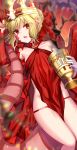  1girl absurdres akirannu bare_shoulders blonde_hair braid breasts chalice collarbone commentary_request crown dragon_tail dress elbow_gloves facial_mark fate/grand_order fate_(series) french_braid gloves hair_bun hair_intakes hair_ribbon highres long_hair looking_at_viewer nero_claudius_(fate) open_mouth pelvic_curtain pointy_ears queen_draco_(fate) queen_draco_(first_ascension)_(fate) red_dress red_eyes red_ribbon ribbon scales single_glove small_breasts solo tail thighs white_gloves 
