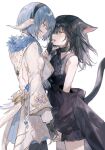  2girls animal_ears au_ra bare_shoulders black_hair blue_eyes blue_hair cat_ears cat_girl cat_tail detached_sleeves dragon_horns dragon_tail eye_contact eyeshadow facial_mark fangs final_fantasy final_fantasy_xiv finger_in_another&#039;s_mouth fingerless_gloves from_side gloves hairband highres holding_hands horns looking_at_another makeup medium_hair miqo&#039;te multiple_girls short_hair simple_background standing tail vwqiz warrior_of_light_(ff14) yellow_eyes yuri 