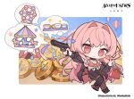 1girl alchemy_stars bag black_jacket breasts carousel chibi cleavage closed_mouth coin confetti cup ferris_wheel highres holding holding_bag jacket long_hair lorelei_(alchemy_stars) official_art open_clothes open_shirt pink_hair roller_coaster teacup toy_gun very_long_hair 