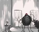  8_legs ambiguous_gender anthro arachnid arthropod black_body black_fur clothing detailed_background door fur hat headgear headwear hi_res mr._spider solo spider the_magnus_archives twistyblitzy 