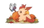 :d alternate_color autumn autumn_leaves brown_eyes butterfree commentary english_commentary grass highres leaf leafeon looking_at_viewer mjoyart no_humans open_mouth pokemon pokemon_(creature) pumpkin red_eyes simple_background smile white_background 