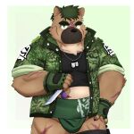  1:1 absurd_res anthro asian_clothing belly brown_body brown_fur bulge canid canine canis clothing dog_tags domestic_dog east_asian_clothing eyebrows fingerless_gloves fur gloves green_eyes handwear hi_res japanese_clothing knife lifewonders male mammal mawashi military_clothing musclegut pecs ruoain scar shirt solo t-shirt thick_eyebrows tokyo_afterschool_summoners topwear yasuyori 