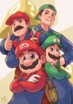  4boys absurdres blue_eyes blue_overalls blue_shirt brown_eyes brown_hair dual_persona facial_hair gloves green_headwear green_shirt green_vest highres holding holding_wrench looking_at_viewer luigi male_focus mario mario_(series) multiple_boys mustache open_mouth overalls red_headwear red_shirt red_vest ry-spirit shirt smile super_mario_bros._(1993_film) the_super_mario_bros._movie thumbs_up vest white_gloves wrench 