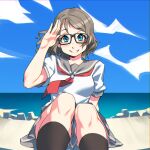  beach blue_eyes brown_hair facing_viewer glasses highres love_live! love_live!_sunshine!! necktie ocean salute school_uniform sitting socks toadsterz watanabe_you 