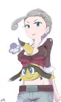  180 1girl alexa_(pokemon) breasts brown_hair cleavage clothes_lift collarbone collared_shirt earrings green_eyes helioptile highres jewelry large_breasts midriff multicolored_hair navel pants pokemon pokemon_(creature) pokemon_(game) pokemon_xy shirt short_sleeves streaked_hair 
