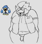  anthro avian belly berdly bird chubby_anthro chubby_male deltarune eyewear feathers genitals glasses humor male moobs nerd penis presenting presenting_penis roccorox slightly_chubby solo solo_focus undertale_(series) 