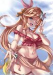  absurdres bikini brown_hair clarisse_(granblue_fantasy) clarisse_(summer)_(granblue_fantasy) granblue_fantasy highres long_hair one_eye_closed ponytail red_bikini red_ribbon ribbon smile swimsuit v yousi 