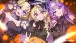  3girls alice_margatroid animal_hands black_dress black_gloves black_headwear blonde_hair blue_eyes braid breasts buttons cleavage crescent crescent_hair_ornament dress gloves grin hair_between_eyes hair_ornament halloween halloween_costume hat heterochromia highres jack-o&#039;-lantern kirisame_marisa large_breasts long_hair looking_at_viewer multiple_girls open_mouth patchouli_knowledge paw_gloves purple_eyes purple_hair red_eyes short_hair single_braid smile star_(symbol) star_hair_ornament sumi_(u-kar1n-89m0) tongue tongue_out touhou trick_or_treat twitter_username v witch_hat yellow_eyes 
