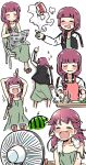  1girl alcohol_carton apron black_jacket blindfold blush bocchi_the_rock! braid chair chromatic_aberration closed_mouth crossed_legs cutting_board don&#039;t_you_ever_stop_(meme) dress drooling electric_fan fang fang_out fangs food fruit geta green_dress highres hiroi_kikuri jacket jewelry long_hair meme mouth_drool multiple_views newspaper nose_blush open_mouth purple_hair ring single_braid sitting sleeveless sleeveless_dress smoke speed_lines spring_onion suikawari sweat toes torako_(toramaru) towel towel_around_neck watermelon white_background zzz 