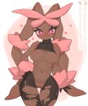  absurd_res anthro areola big_breasts big_ears breasts brown_body brown_fur butt butt_from_the_front clothing featureless_crotch female fur genitals hi_res inverted_nipples lagomorph legwear long_ears lumpypaca mammal medium_breasts mega_evolution mega_lopunny nintendo nipples pokemon pokemon_(species) pussy red_eyes shiny_pokemon simple_background solo torn_clothing torn_legwear 