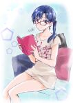  1girl blue_eyes blush book brown_eyes collarbone ginnoturu glasses highres holding holding_book idolmaster idolmaster_(classic) idolmaster_million_live! kisaragi_chihaya light_smile long_hair open_book pentagon_(shape) pillow ponytail shirt short_sleeves sitting thighs white_shirt 