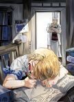 2boys blonde_hair book chef_hat closed_eyes closed_mouth crossed_arms curly_eyebrows facial_hair hair_over_one_eye hat highres multiple_boys mustache notebook one_piece open_mouth pencil red_shoes_zeff sanji_(one_piece) short_hair sleeping su1y 