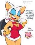  amy_rose anime_nosebleed anthro bat big_breasts bodily_fluids bracelet breasts cleavage cleavage_cutout clothed clothing dialogue dress duo eulipotyphlan eyes_closed eyeshadow female fur gloves handwear hedgehog jewelry makeup mammal pink_body pink_fur rouge_the_bat sega smile sonic_the_hedgehog_(series) sweat the_other_half white_body white_fur wings 