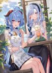  2girls :d absurdres ahoge architecture bell blue_hair blurry chair chinese_clothes commentary_request cup depth_of_field disposable_cup drinking_straw earrings east_asian_architecture eyes_visible_through_hair fork ganyu_(heytea)_(genshin_impact) genshin_impact goat_horns grey_eyes hair_between_eyes hair_ornament hair_over_one_eye hairband highres holding holding_cup holding_fork horns jewelry long_bangs long_hair looking_at_viewer low_ponytail multiple_girls neck_bell official_alternate_costume outdoors purple_eyes shanguier shenhe_(heytea)_(genshin_impact) short_sleeves sidelocks sitting slime_(genshin_impact) smile table white_hair 