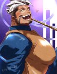 1boy :d alternate_pectoral_size bara beard blue_shirt blush brown_shirt dark-skinned_male dark_skin facial_hair from_side green_eyes hair_slicked_back highres kizami_nori_to_yamaimo large_pectorals looking_at_viewer male_focus mature_male multicolored_hair muscular muscular_male oscar_(housamo) pectorals shirt short_hair sideburns smile solo tokyo_afterschool_summoners two-tone_hair upper_body 