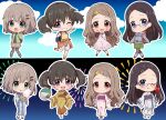  4girls :d absurdres aoba_kokona black_hair blush braid braided_bangs brown_hair chibi dress full_body green_eyes hair_ornament hairclip highres japanese_clothes kimono kuraue_hinata looking_at_viewer multiple_girls multiple_views official_art open_mouth parted_bangs pinafore_dress purple_eyes saitou_kaede_(yama_no_susume) sample_watermark sleeveless sleeveless_dress smile tsurugi_hikaru twintails yama_no_susume yukata yukimura_aoi 