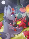  anthro ass_up dominant feral generation_5_pokemon generation_7_pokemon hi_res incineroar looking_down male male/male night nintendo outside pokemon pokemon_(species) sitting size_difference skyl4378 sucking younger_dom_older_sub zorua 