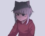  1girl animal_ears bangs black_eyes blunt_bangs blunt_ends expressionless fei_ren_zai fox_ears fox_girl goose_g3 grey_background hood hood_down hoodie jiuyue_(fei_ren_zai) red_hoodie shadow short_hair simple_background solo upper_body white_hair 