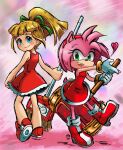  2girls amy_rose back blonde_hair bloom blue_eyes boots dress gloves gold_bracelet green_eyes green_ribbon hair_ribbon hairband hammer heart hedgehog hedgehog_ears hedgehog_tail high_ponytail looking_at_viewer mega_man_(classic) mega_man_(series) multiple_girls piko_piko_hammer ponytail red_dress red_footwear red_hairband ribbon roll_(mega_man) shoes sleeveless sonic_(series) stoic_seraphim teeth upper_teeth_only white_gloves 