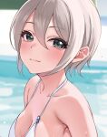  1girl bare_shoulders bikini black_eyes blurry blurry_background blush breasts cleavage closed_mouth collarbone grey_hair hair_between_eyes highres idolmaster idolmaster_cinderella_girls idolmaster_cinderella_girls_starlight_stage kurokin looking_at_viewer medium_breasts portrait shiomi_syuko short_hair smile solo swimsuit water wet white_bikini 