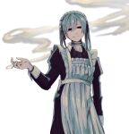  1girl apron aqua_hair black_choker black_dress choker cigarette closed_mouth commentary_request cowboy_shot dress employee_(lobotomy_corporation) highres holding holding_cigarette juliet_sleeves lobotomy_corporation long_hair long_sleeves maid maid_apron maid_headdress original project_moon puffy_sleeves simple_background smile smoke solo sumuna_sunaco twintails white_apron white_background 