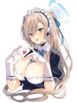  1girl asuna_(blue_archive) black_choker black_dress blue_archive blue_eyes blue_halo blush breasts choker cleavage detached_collar dress gloves halo heart highres large_breasts light_brown_hair long_hair looking_at_viewer maid maid_headdress mole mole_on_breast naoton puffy_short_sleeves puffy_sleeves short_sleeves simple_background smile solo tongue tongue_out upper_body very_long_hair white_background white_gloves 