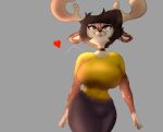  &lt;3 anthro antlers big_breasts black_bottomwear black_clothing black_hair black_pants bottomwear breasts brown_body brown_fur choker clothed clothing countershade_face countershade_torso countershading dappled_fur deer doe_with_antlers female fully_clothed fur grey_background hair hi_res horn huegirl19 jazmin_(huegirl19) jewelry mammal navel_outline necklace pants shirt simple_background solo topwear yellow_clothing yellow_shirt yellow_topwear 