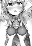  1girl ^^^ armpits arms_up bell blush breasts chinese_knot covered_nipples detached_sleeves flower_knot ganyu_(genshin_impact) genshin_impact grabbing grabbing_another&#039;s_breast greyscale halterneck hanging_breasts large_breasts long_hair monochrome neck_bell open_mouth paid_reward_available pantyhose see-through sideboob sidelocks skindentation sweatdrop tatsuya_(s6pillars) thighs twitching vision_(genshin_impact) waist_cape 