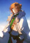  1boy belt_pouch blue_sky blurry character_request cloak cloud coat cowboy_shot day depth_of_field earrings ensemble_stars! fur_trim gem green_eyes green_robe hair_between_eyes half_updo highres hoop_earrings jewelry laoelaoee light_particles long_sleeves looking_at_viewer male_focus necklace orange_hair parted_lips pouch red_gemstone robe sash sky solo toggles white_cloak 