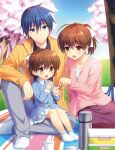  1boy 2girls antenna_hair blue_dress blue_eyes blue_hair bow brown_eyes brown_hair casual cherry_blossoms clannad commentary_request crossed_legs day dress family father_and_daughter full_body furukawa_nagisa fuyuichi hair_bow hair_ribbon highres husband_and_wife looking_at_another medium_hair mother_and_daughter multiple_girls no_shoes official_art okazaki_tomoya okazaki_ushio outdoors picnic ponytail ribbon second-party_source short_hair sitting socks spiked_hair spoilers thermos tree white_ribbon white_socks yokozuwari 