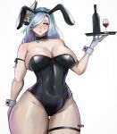  1girl absurdres alcohol alternate_costume animal_ears bare_shoulders black_hairband black_leotard black_pantyhose blue_hair blush bottle breasts collarbone covered_navel cup detached_collar drinking_glass english_commentary fake_animal_ears fishnet_pantyhose fishnets genshin_impact gloves hair_ornament hairband highres holding holding_tray large_breasts leotard long_hair looking_at_viewer mux7 one_eye_covered pantyhose playboy_bunny purple_eyes rabbit_ears shenhe_(genshin_impact) smile solo thick_thighs thighs tray white_background white_gloves wine wine_bottle wine_glass wrist_cuffs 