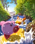  bandana bandana_waddle_dee blue_bandana brown_eyes bush day forest grass highres innertube kirby kirby_(series) miclot nature no_humans one_eye_closed outdoors river rock waddle_dee water 