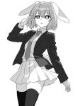  1girl animal_ears bright_pupils collared_shirt commentary greyscale jacket long_sleeves looking_at_viewer monochrome necktie onkn_sxkn open_mouth pleated_skirt rabbit_ears rabbit_girl rabbit_tail reisen_(touhou_bougetsushou) shirt simple_background skirt solo tail thighhighs touhou 