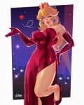  1girl artist_name blonde_hair blowing_kiss blue_eyes breasts crown curvy dress earrings elbow_gloves evening_gown gloves hand_on_own_hip heart high_heels highres jewelry large_breasts long_hair mario mario_(series) nintendo one_eye_closed paid_reward_available princess_peach red_dress red_footwear red_gloves sequins side_slit signature solo sphere_earrings standing standing_on_one_leg super_mario_all-stars vero 
