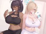  2girls afterimage ahoge asuna_(blue_archive) bike_shorts black_hair black_shorts black_sports_bra blonde_hair blue_archive blue_eyes blue_nails bottle breasts cleavage_cutout clothing_cutout collarbone commentary_request dark-skinned_female dark_skin grin hair_between_eyes hair_over_one_eye hair_ribbon halo hand_up heavy_breathing high_ponytail holding holding_bottle huge_breasts karin_(blue_archive) kuavera long_hair looking_at_viewer mole mole_on_breast motion_blur multiple_girls navel parted_lips ribbon shorts side-by-side simple_background smile sports_bra sportswear very_long_hair white_sports_bra yellow_eyes 