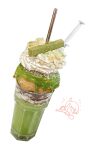  almond chibi chibi_inset commentary cup doughnut drinking_glass drinking_straw emufaasu food food_focus highres kitkat matcha_(food) no_humans original realistic signature simple_background still_life whipped_cream white_background 